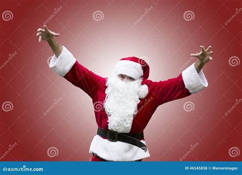 Santa Claus With His Hands Up In The Air Stock Photo Image Of