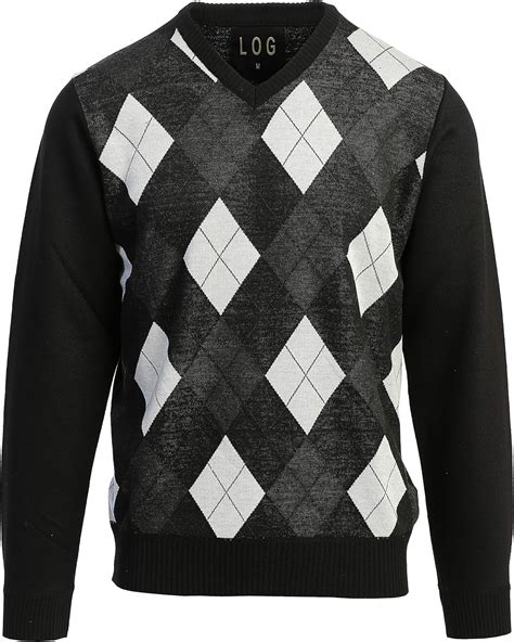 LOG Mens Argyle Pullover Diamond Pattern V Neck Long Sleeves Sweater