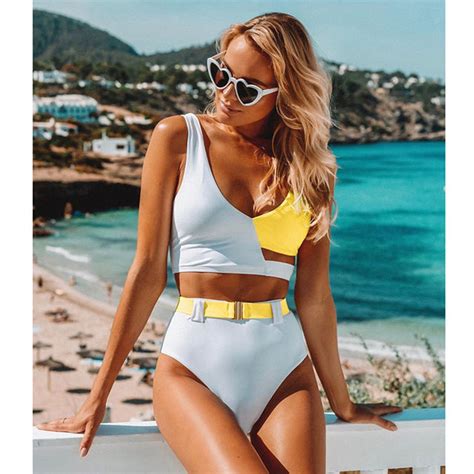 FREE SHIPPING Sexy Metal Buckle Belt High Waist Bikini Set JKP3222