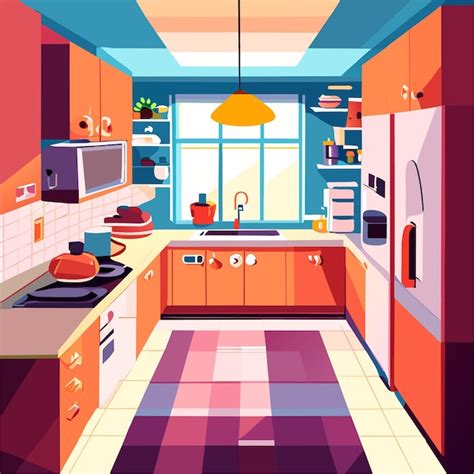 Interior de la cocina de dibujos animados en casa con ilustración