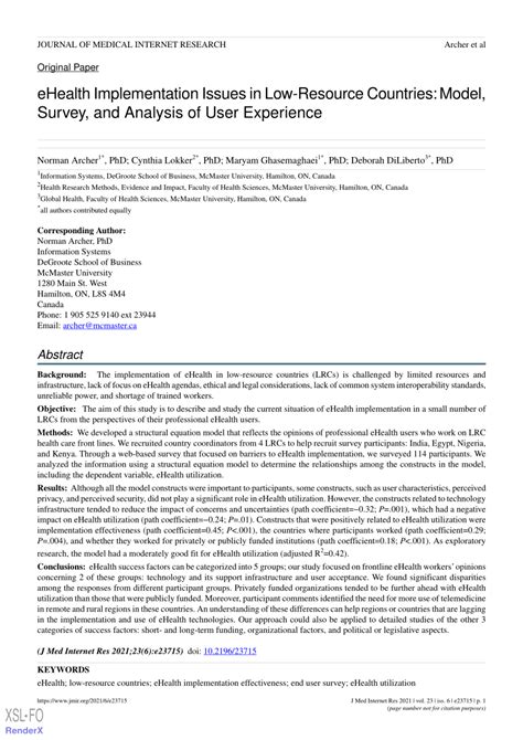 Pdf Ehealth Implementation Issues In Low Resource Countries A Model