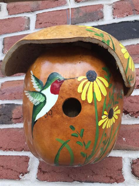 Hand Painted Gourd Birdhouse With Hummingbird And Yellow Black Eyed