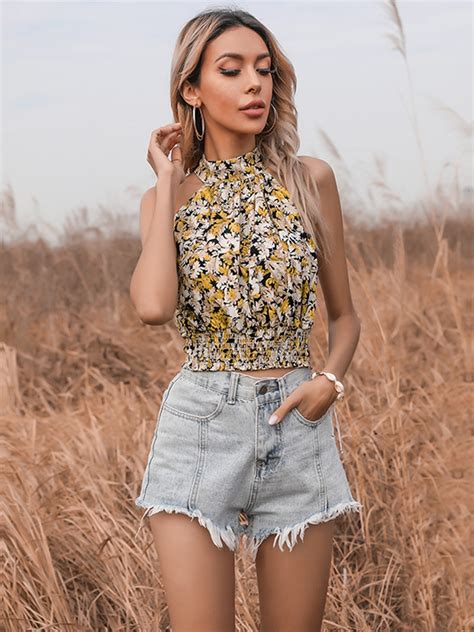 Buy Urbanic Mustard Yellow And White Floral Print Smocked Blouson Top