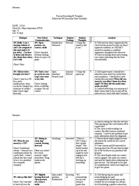 360 Process Recording Template Posted Spring 2016 This One Anxiety Empathy