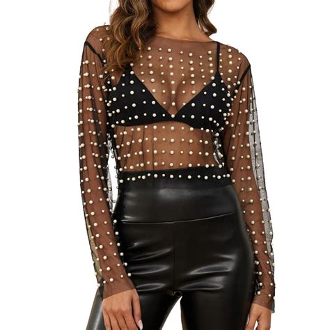 Women Pearl Rhinestone Sheer Mesh Crop Top Sexy See Through Long Sleeve