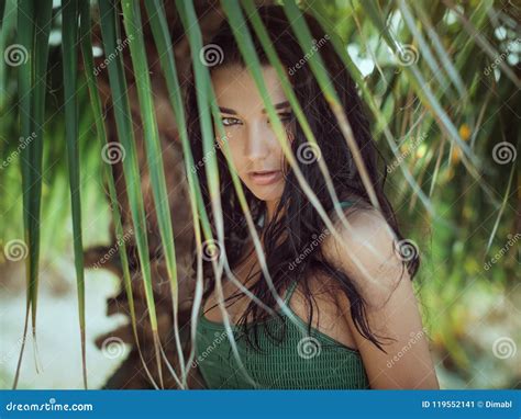 Beautiful Girl Posing In Tropical Forest Close Up Perfect Portrait