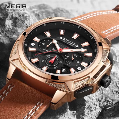 Megir Quarzt Rel Gios Masculinos Casuais Marrom Couro Prova Dwaterproof