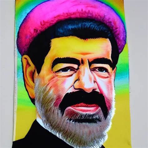 Rainbow Colored Portrait Of Saddam Hussein With A Pink Stable