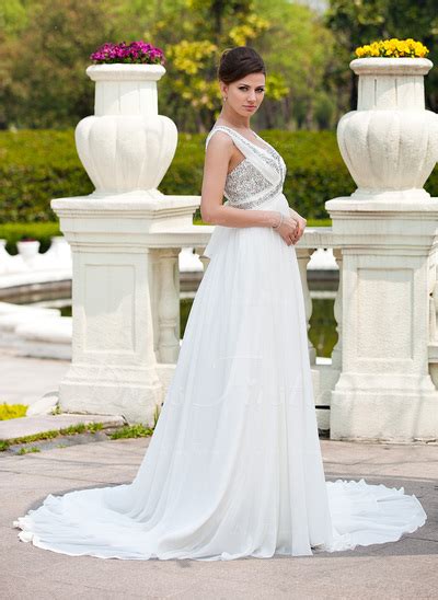 A Line Princess Sweetheart Chapel Train Chiffon Wedding Dress With