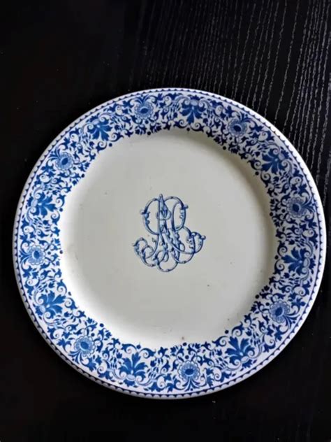 Ancienne Assiette Plate En Fa Ence De Gien Monogramme Ab D Cor Bleu