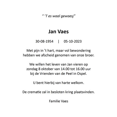 Overlijdensbericht Jan Vaes Nederweert