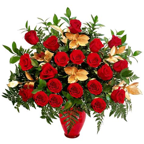 Luxury 24 Red Roses Bouquet with Gold Leaves - Love Flowers Miami