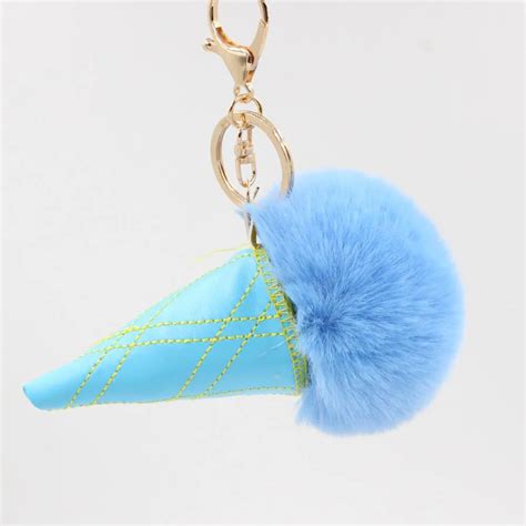 Cute Pink Leather Ice Cream Plush Keychain Pompom Faux Fur Fluffy Pom