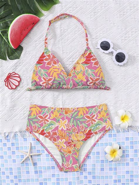 Shein Tween Girls Casual Tropical Print Camisole Bikini Set Shein Usa