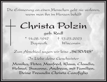 Traueranzeigen Von Christa Polzin Nordbayerischer Kurier