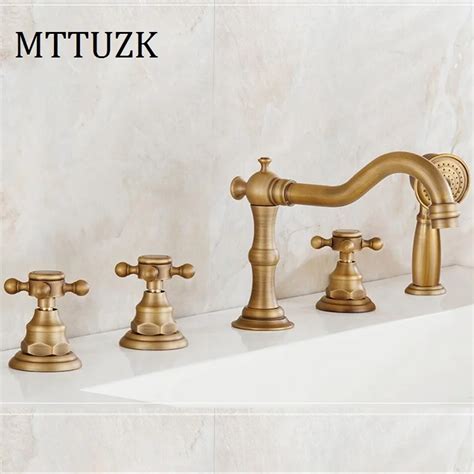 MTTUZK Antique Copper Bathroom Faucet Hot And Cold Bathtub Faucet Double Holder 5 Hole Bathroom
