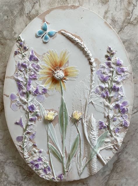 Flower Garden Botanical Bas Relief Hand Painted Summer Etsy Plaster