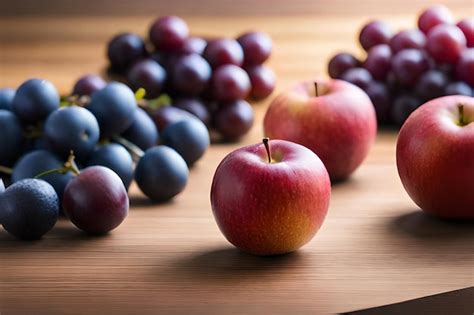 Una Mesa Con Uvas Y Una Manzana Roja Foto Premium