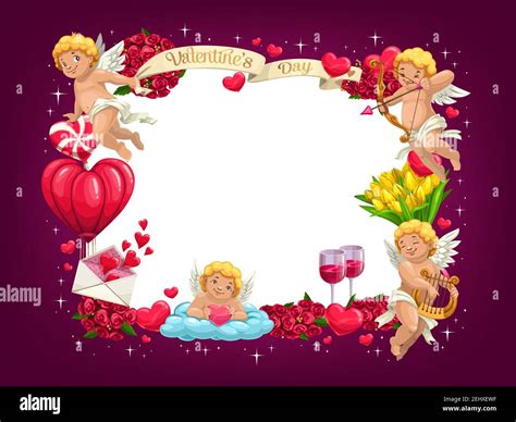 Valentines Day Cupids With Love Hearts And Romantic Ts Vector