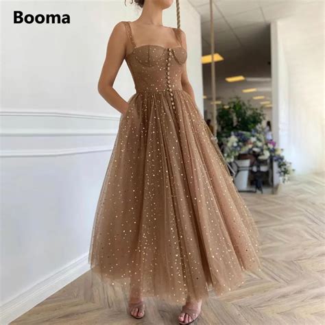 Booma Vestido De Fiesta Corto Caf Brillante Tirantes Tul Estrellado