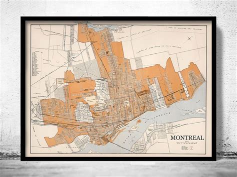 An Old Map Of The City Of Montreal Canada In Orange And Black On A