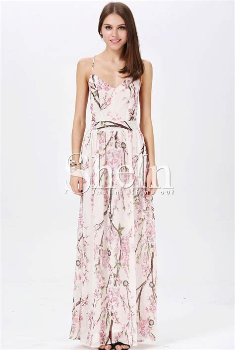 Shein Hibiscus Florals V Neck Spaghetti Straps Backless Maxi Dress