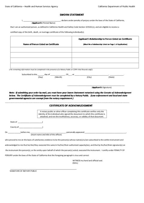 Fillable Sworn Statement Form California Department Of Public Health