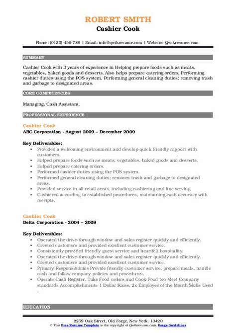 Cashier Cook Resume Samples Qwikresume