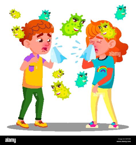 Sneezing Boy And Girl Surrounded By Flying Bacteria Vector Isolated