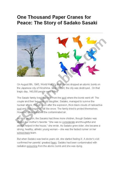 25 Sadako And The Thousand Paper Cranes Worksheets 120832 Sadako And