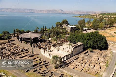 Aerial photograph of the ruins of Capernaum in the sea of Galilee ...