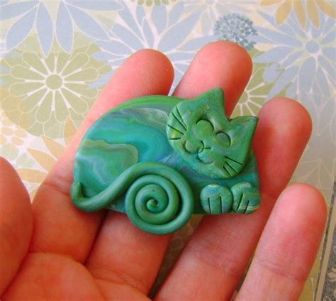 Cat Brooch Or Magnet Fimo Polymer Clay Green Marbled Etsy Cat