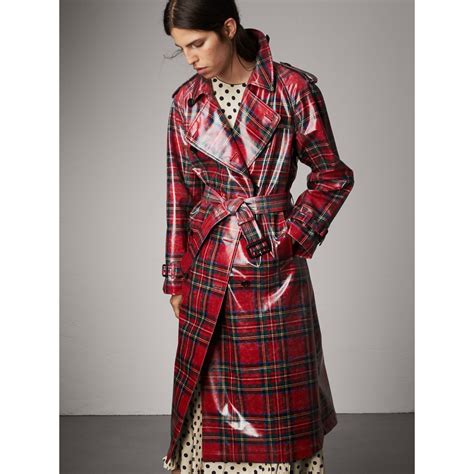 Laminated Tartan Wool Trench Coat In Bright Red Women Burberry United States