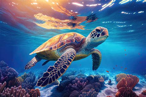 Sea Turtle Swimming Underwater In Blue Ocean Water Created With