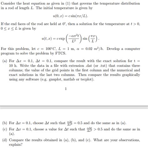 Consider The 1 Dimensional Heat Equation With A