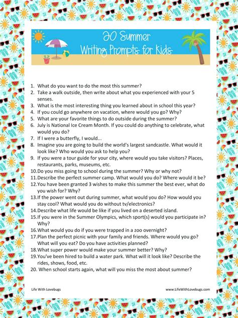 Printable List of 20 Summer Writing Prompts for Kids - Life With Lovebugs