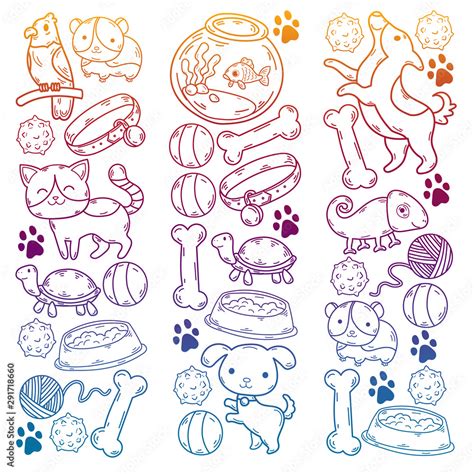 Hand Drawn Doodle Pets Stuff And Supply Icons Set Vector Illustration