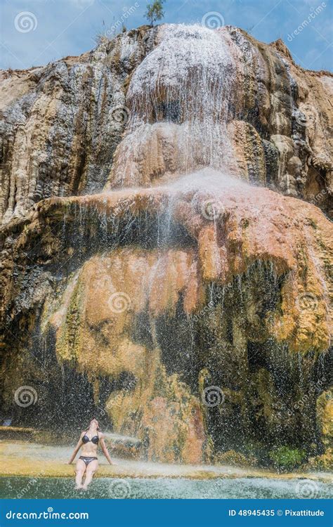 One Woman Bathing Ma In Hot Springs Waterfall Jordan Stock Image