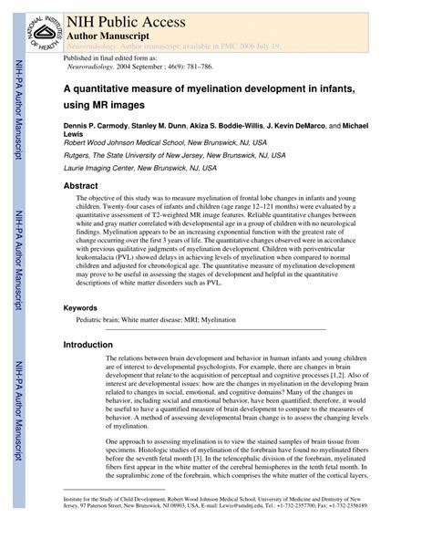 (PDF) A quantitative measure of myelination development in infants, using MR images