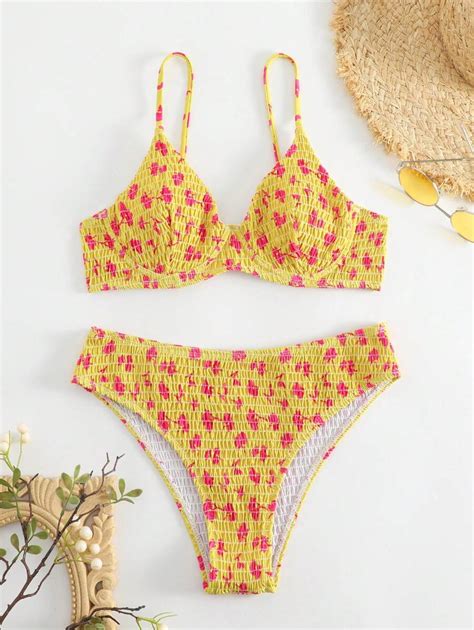 Floral Print Smocked Underwire Bikini Swimsuit SHEIN UK