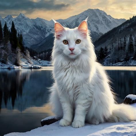 Un Gato Blanco Con Una Nariz Roja Se Sienta En Una Roca Frente A Un