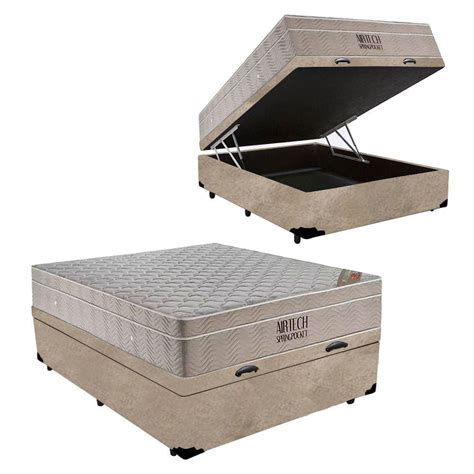 Cama Box Bau Queen Suede Bipartido Colchao Molas Ensacadas Airtech