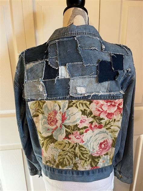 Jean Jacket Upcycled With Vintage Fabric Back And Denim Patches Size L