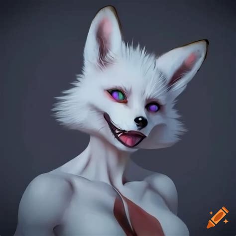 Muscular Female White Fluffy Fox Werefox With Glowing Eyes In