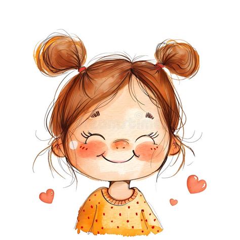 A Happy Little Girl with Pigtails and Hearts Around Her Closed Eyes ...