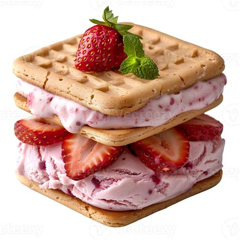 Strawberry Ice Cream Sandwich Strawberry Dessert With Waffle And Strawberry Pieces Isolated