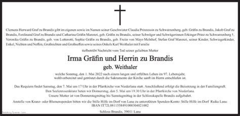 Traueranzeigen Von Irma Gr Fin Und Herrin Zu Brandis Trauer Bz