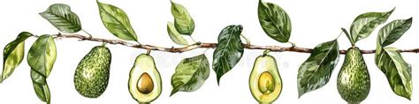 Watercolor Clipart Of An Avocado Branch With Leaves And Avocados On A