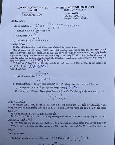 Đề thi môn Toán thi vào lớp 10 tại Hà Nội 2023 chính thức
