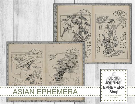 Asian Ephemera Pen And Ink Drawings Junk Journal Kit Japanese Ephemera